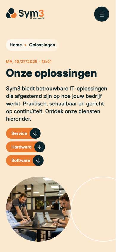 Mobiele versie van de website van Sym3, gemaakt door Webfluence